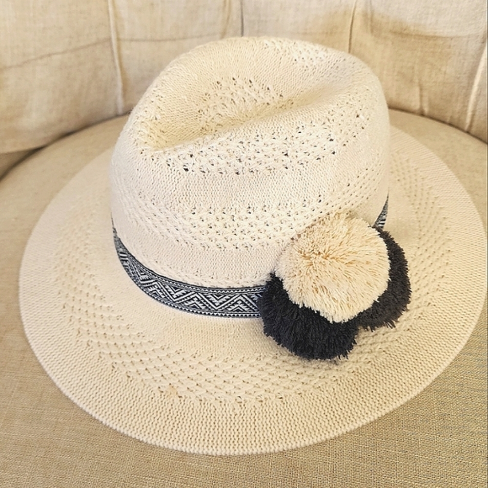 Anthropologie Cream Knit Hat with Navy Trim & Pom Pom